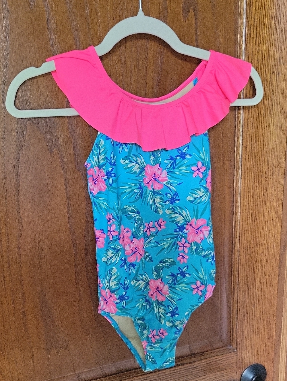 Girls Lands End Tropical Floral One-Piece Swimsuit with Pink Ruffle